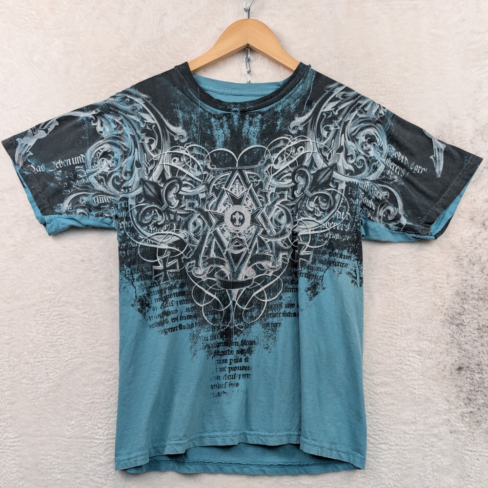VTG Route 66 T-Shirt Men's M Teal Blue Slim Fit Gothic Script Grunge Biker Y2K